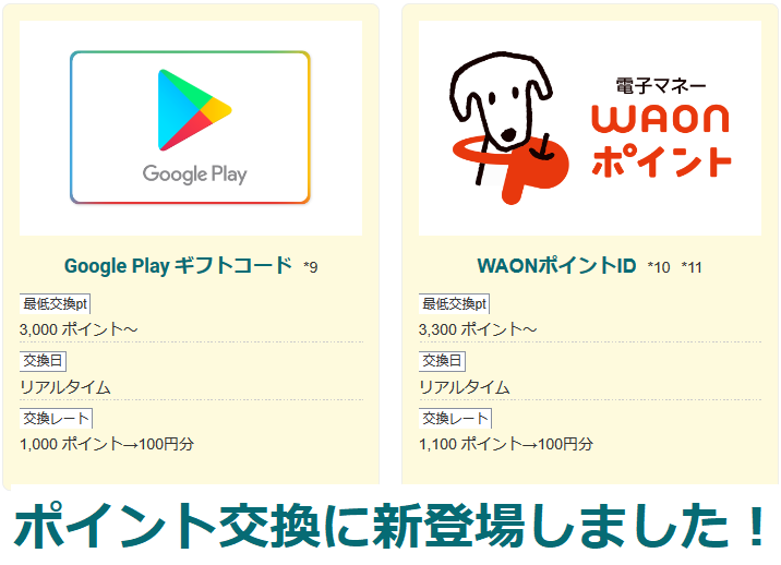 ポイント交換にGoogle PlayギフトコードとWAONポイントIDが仲間入り!についてのイメージ画像