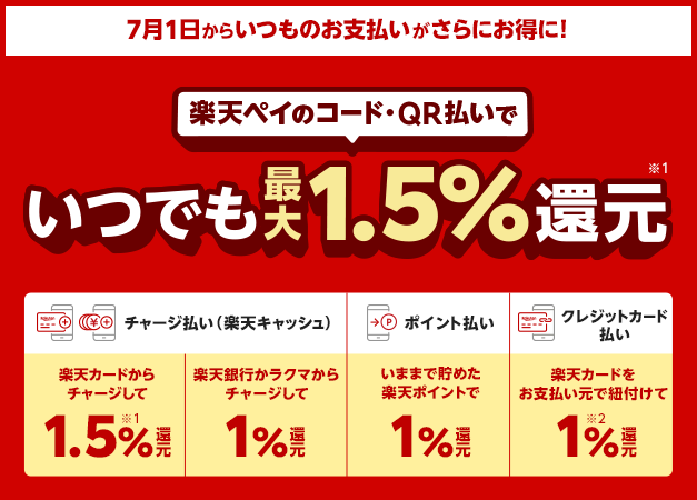 7/1からいつでも最大1.5%還元!楽天ペイがさらにお得に♪についてのイメージ画像
